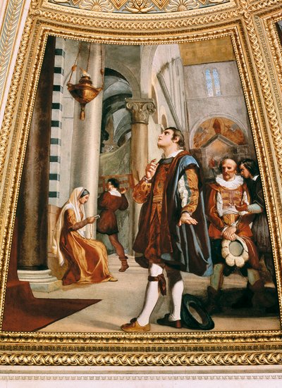 Galileo Galilei sleduje lustr houpající se tam a zpět v katedrále v Pise 1582 od Luigi Sabatelli