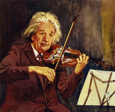 Albert Einstein hrající na housle (barevná litografie) od Luis Arcas Brauner