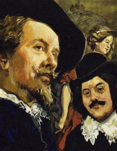 Hals se setkal s Paulem Rubensem (vlevo) na výletě v Antverpách (barevná litografie) od Luis Arcas Brauner