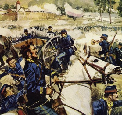 Když vypukla válka mezi Francií a Pruskem, Manet se přidal k dělostřelectvu (barevná litografie). od Luis Arcas Brauner