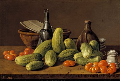 Španělsky: Bodegón con pepinos, tomates y recipientes Zátiší s okurkami, rajčaty a nádobami od Luis Egidio Melendez
