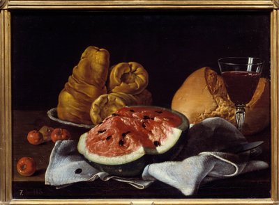 Pasta, chléb, koláč a pohár vína. Obraz Luise Melendeze (1716 - 1780), španělská škola od Luis Egidio Menendez or Melendez