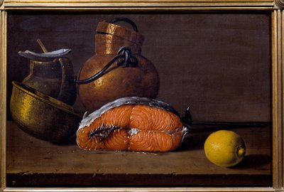 Plátek lososa, citron a nádobí. Obraz Luise Melendeze (1716 - 1780), španělská škola od Luis Egidio Menendez or Melendez