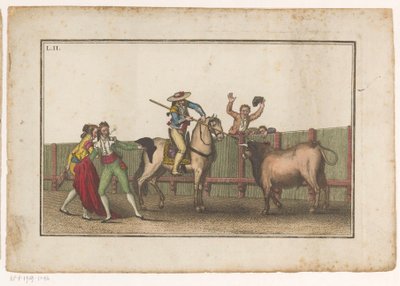 Picador míří svým kopím na býka Coleccion de las principales suertes de una corrida de toros (název série) Sbírka nejdůležitějších býčích manévrů (název série) od Luis Fernandez Noseret