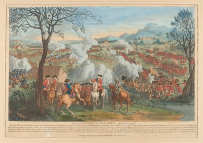 „Bitva u Cullodenu 16. dubna 1746“ (čárová rytina, kolorovaná) od Luke Sullivan