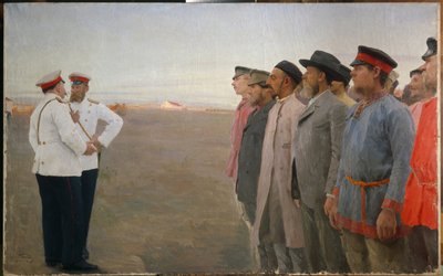 Nábor - obraz Lukiana Vasiljeviče Popova (1873-1914), olej na plátně od Lukjan Vasilievich Popov