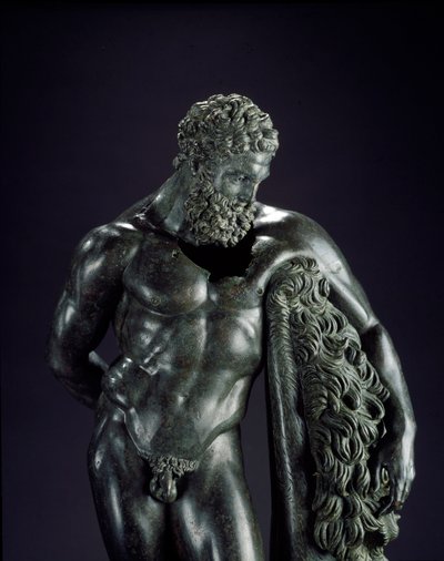 Řecké umění: "" Herakles v klidu"" Detail. Bronzová socha Lysippe Sicyone (395-305 př.nl) 4. století před naším letopočtem. Ze svatyně Ercole Curino, Sulmona. Museo Nazionale Archeologico, Chieti Itálie - Herakles (Hercules) odpočívá - Detail bronzové soch od Lysippos (attributed to)