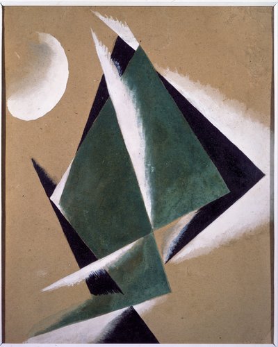 Konstrukce s bílým půlměsícem. Dílo Lyubov (Lioubov) Sergejevna Popova (1889-1924), kvaš na kartonu od Lyubov Sergeevna Popova