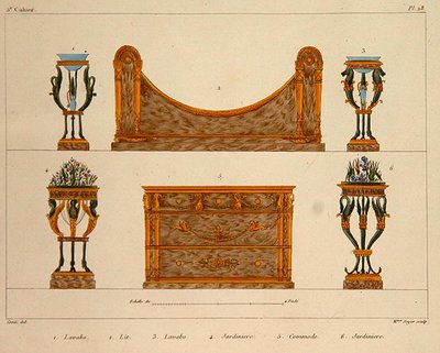 Návrhy nábytku, rytina Mme Soyer, deska 28 z „Modeles de Meubles et de decorations interieures pur les Meubles“, vydané 1828/41 (barva litho) od M. (after) Santi