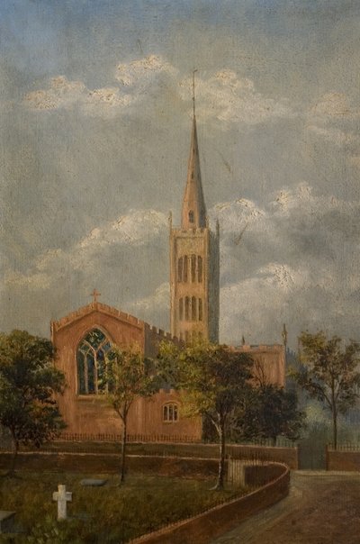 Kostel Nejsvětější Trojice a hřbitov, Coventry, kolem roku 1900 (olej na plátně) od M. E. Colledge