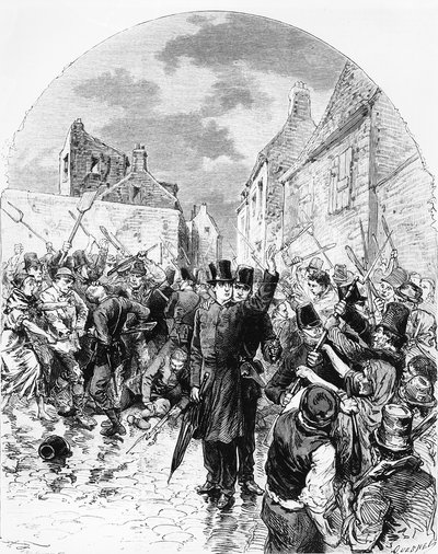 Nepokoje v Irsku - Katolický kněz zatčený policií v Mullingaru je zachráněn lidmi, z Le Monde Illustré, 25. června 1881 od M. Ferdinandus