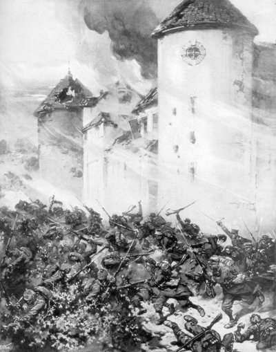 Francouzi a Němci bojují pod zdmi Chateau de Mondement, Francie, 1914. od M. H. W. Koekkok
