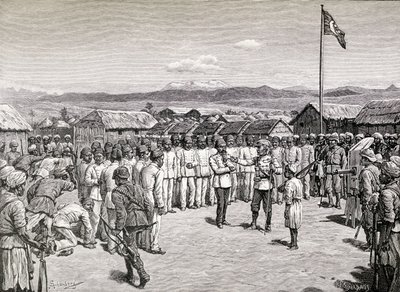 Sir Henry Morton Stanley oslovuje povstalecké důstojníky v Kavalli, 1890 (dřevoryt) od M. Schonberg
