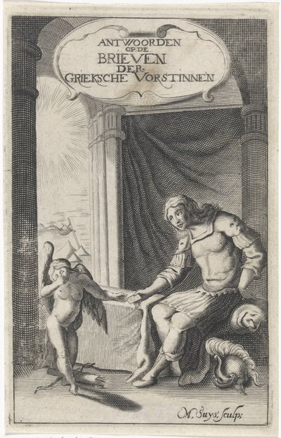 Řecký válečník dostává dopis od Amora Titulní strana pro: Christoffel Pierson, Odpovědi Griecksche Vorsten to Twelve od Ovidia Nazoos Smuteční dopisy Blakende Vorstinnen, 1658 od M. Suys