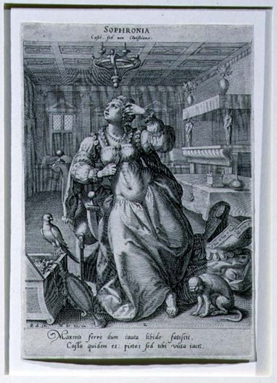Sophronia, ze série zobrazující „Tři ženy jako symboly cudnosti“, vyryl Raphael Sadeler I (1561-1632) kolem roku 1590 (rytina) od Maarten de (after) Vos