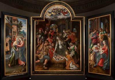 Klanění tří králů, Triptych, Centrální panel, detail, malba na dřevě od Maarten de Vos