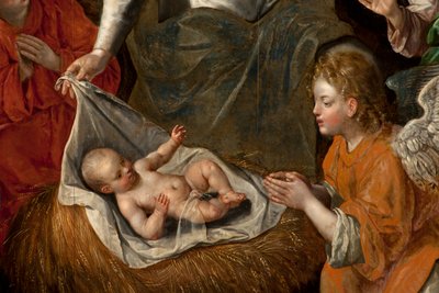Klanění tří králů, Triptych, Centrální panel, detail, malba na dřevě od Maarten de Vos