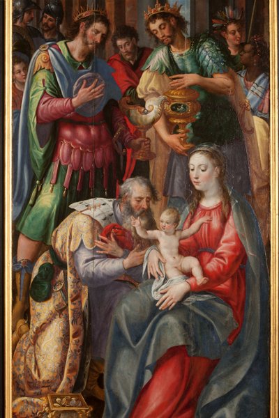 Klanění tří králů, Triptych, Pravý panel, detail, malba na dřevě od Maarten de Vos