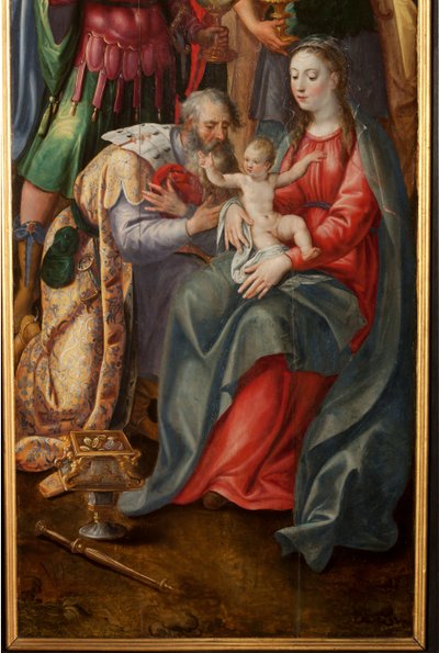 Klanění tří králů, Triptych, Pravý panel, detail, malba na dřevě od Maarten de Vos