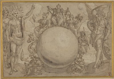 Apollón, Diana a čas s cyklickými proměnami lidského života, asi 1561 (pero a hnědý inkoust s šedým lakem nad stopami grafitu, nařezáno pro přenos na křídový papír) od Maarten de Vos