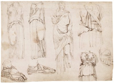 Ženské figurky a sandály, cca 1498-1574 (červená křída, pero a hnědý inkoust) od Maarten van Heemskerck (circle of)