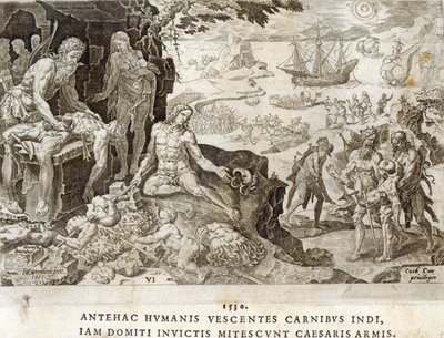 Bojiště v Novém světě v roce 1530, deska 6 z „The Military Achievements of Emperor Charles V“, vyrytá Dirkem Volkertszem Coornhertem (1522-90), 1555 od Maarten van Heemskerck