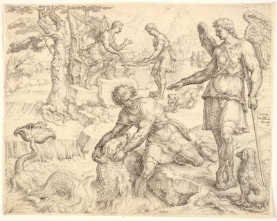 Tobiáš chytá ryby v řece Tigris od Maarten van Heemskerck