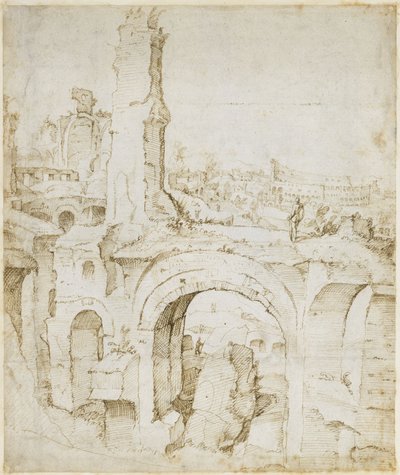 Pohled z Domus Severiana na Koloseum od Maarten van Heemskerck