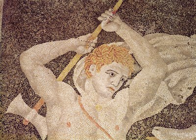 Lov na jelena, detail lovce, z mozaiky Dům únosu Heleny od Macedonian School