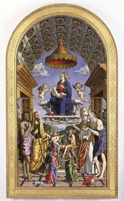 Madonna s dítětem ve slávě, hudební andělé a svatí Jan Křtitel, Jakub, Ugo a Jeroným, 1498 od Macrino dAlba