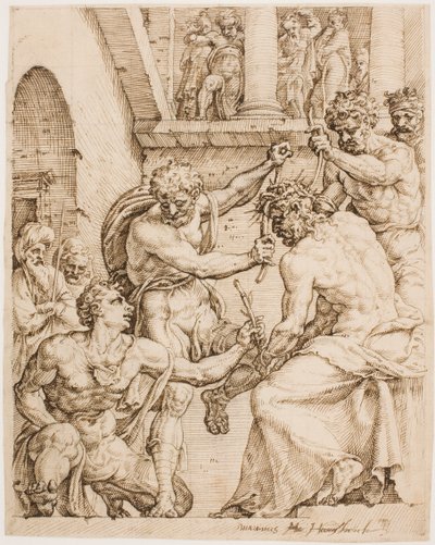 Kristus je korunován trním, c. 1548 (pero, hnědý inkoust a černá křída na lesklém papíře) od Maerten van Heemskerck