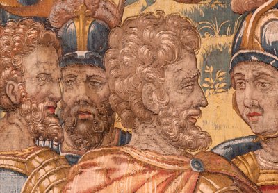 Diecézní muzeum. Vlámský gobelín. Brusel. Ateliér Francois Geubels. Seriál Příběh Gideona. Válečníci jsou vybráni. Hedvábí a vlna. Odkaz biskupa Vicente Roca de la Serna. Barokní. 1534-1571, v r od Maerten van Heemskerck