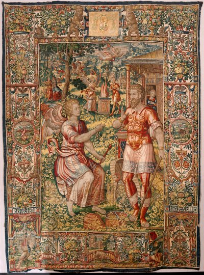 Diecézní muzeum (Museo Diocesano). Vlámský gobelín. Brusel. Ateliér François Geubels. Seriál Příběh Gideona. Gideon a anděl (Gedeón y el ángel). Hedvábí a vlna. Odkaz biskupa Vicente Roca de la Serna. Barokní. 1534-1571, v katedrále od r od Maerten van Heemskerck