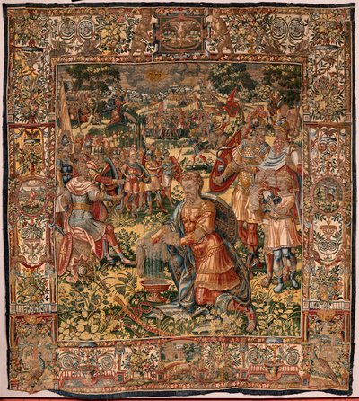 Diecézní muzeum (Museo Diocesano). Vlámský gobelín. Brusel. Ateliér François Geubels. Seriál Příběh Gideona. Zázrak vlněného rouna (Prueba del vellón de lana). Hedvábí a vlna. Odkaz biskupa Vicente Roca de la Serna. Barokní. 1534-1571, i od Maerten van Heemskerck