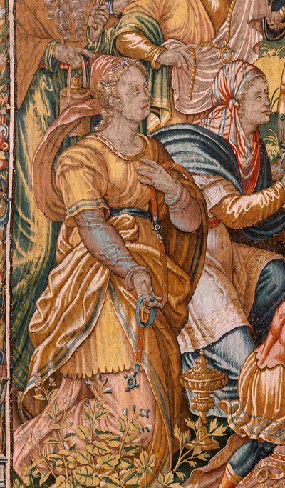 Diecézní muzeum (Diecézní muzeum). Vlámský gobelín. Brusel. Workshop Françoise Geubelse. Seriál Gideonův příběh. Izraelité odevzdávají svou část kořisti Gedeonovi. Hedvábí a vlna. Odkaz Bisho od Maerten van Heemskerck