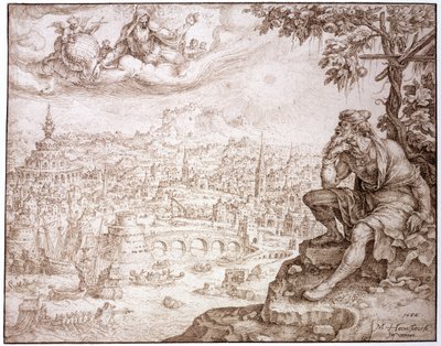 Jonáš, sedící pod tykví, uvažuje o městě Ninive, 1566 (pero a hnědý inkoust naříznutý perem na papíře) od Maerten van Heemskerck