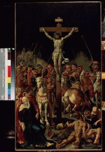 ""Kalvárie"" (Kalvárie) Ukřižování. Nápis "INRI"" na kříži. Centrální panel triptychu. Obraz Maartena van Heemskercka (Maerten Heemskerk van Veen) (Marten, Martin) (1498-1574) 1545-1550 Rozměr 100,7x58,3 cm Muzeum Ermitáž, Sain od Maerten van Heemskerck