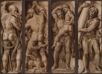 Saturn požírající dítě; Héraklés zabíjející Hydru; Héraklés zvedající Antaia; Héraklés vztyčující sloupy Kalpé a Abyly od Maerten van Heemskerck