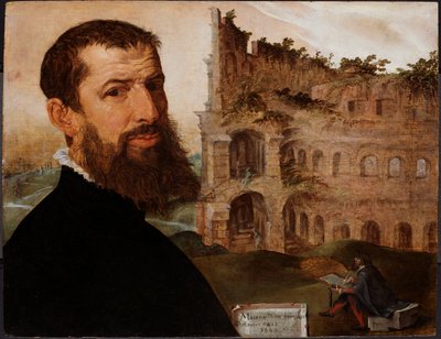 Autoportrét s Koloseem, Řím od Maerten van Heemskerck