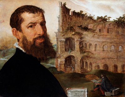 Autoportrét malíře s Koloseem v pozadí, 1553 od Maerten van Heemskerck