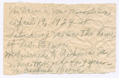 Ručně psaná poznámka od Magdalene Hendricks Boozé, polovina 20. století. od Magdalene Hendricks Boozé