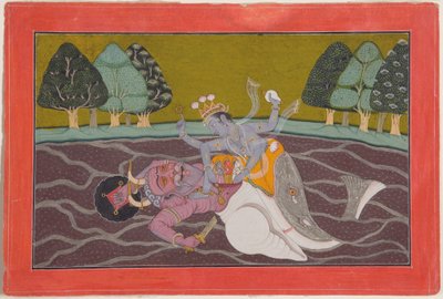Matsya, rybí inkarnace Višnua, kolem roku 1745 (neprůhledné wc a zlato na papíře) od Mahesh