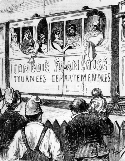 Obsazení Comédie Française na turné po Francii ve speciálním vlaku, zastavuje, aby umožnilo country lidem nahlédnout do divadla, 2. polovina 19. století od Henri Maigrot
