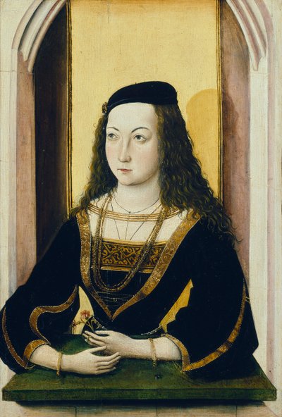 Portrét mladé ženy držící květinu, konec 15. století od Mair von Landshut