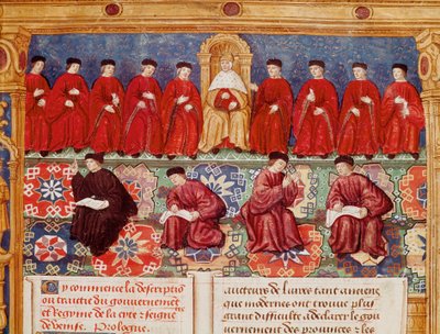 Rada deseti dóžete je v centru. Detail miniatury čerpané z popisu nebo pojednává o vládě a režimu města a panství Benátek realizované admirálem Louis Malet de Graville, osvětlené Mistrem Philippa od Maitre de Philippe de Gueldre