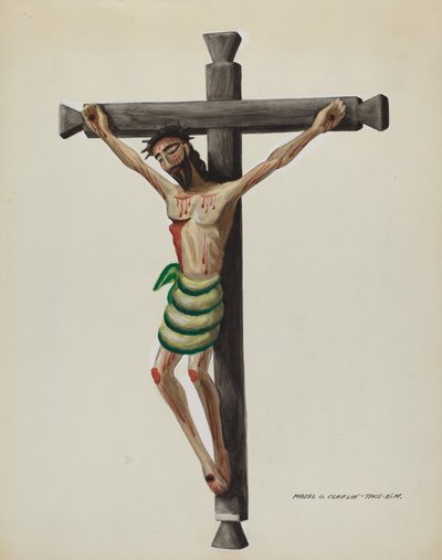 Cristo, vyřezávaný a malovaný, na černém vyřezávaném dřevěném kříži, c. 1937. od Majel G. Claflin