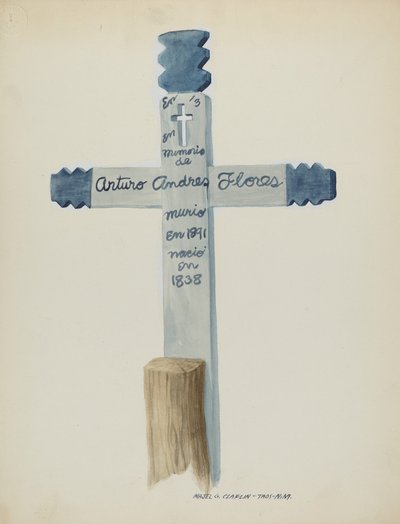 Ručně vyrobený a malovaný dřevěný kříž - náhrobní kámen, c. 1937. od Majel G. Claflin