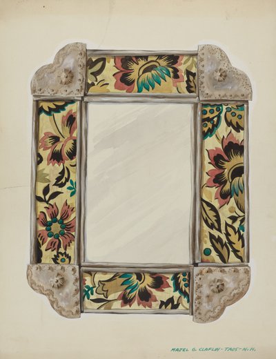 Zrcadlo, rámováno s nástěnnými papírovými panely, ohraničené cínem, c. 1938. od Majel G. Claflin