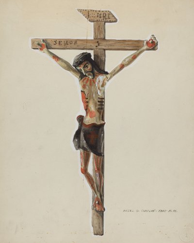 Malovaný dřevěný krucifix, c. 1939. od Majel G. Claflin