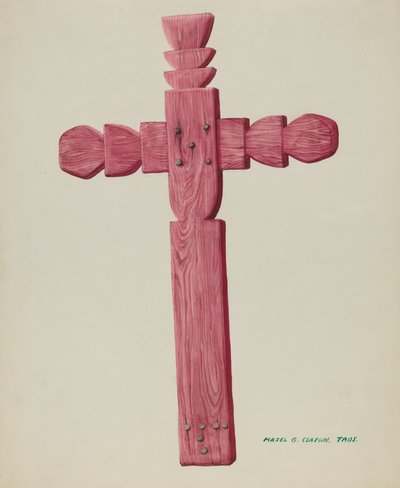 Červený dřevěný kříž používaný jako náhrobní kámen, c. 1937. od Majel G. Claflin